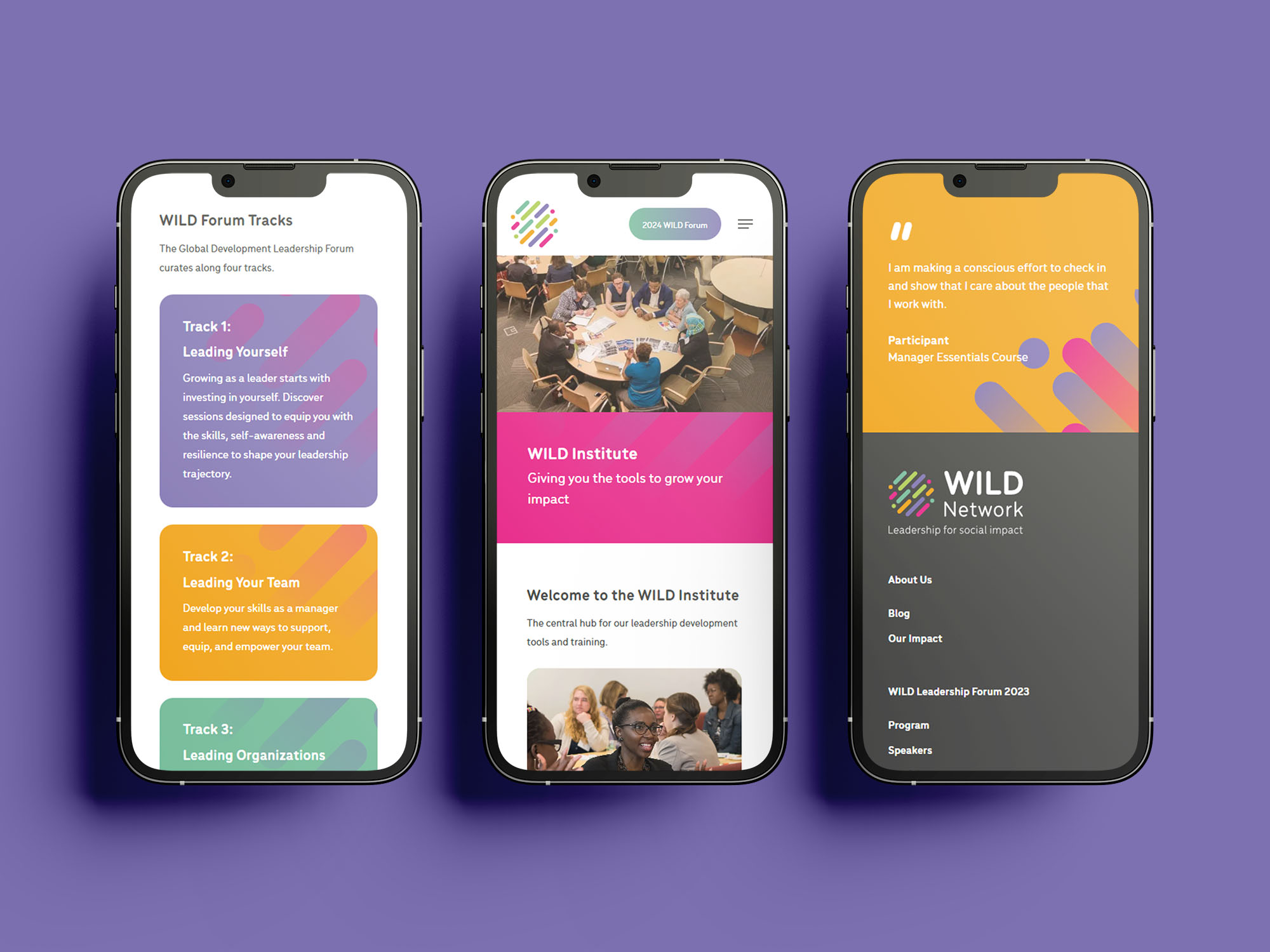 Mockup of 3 screens with WILD website on mobile