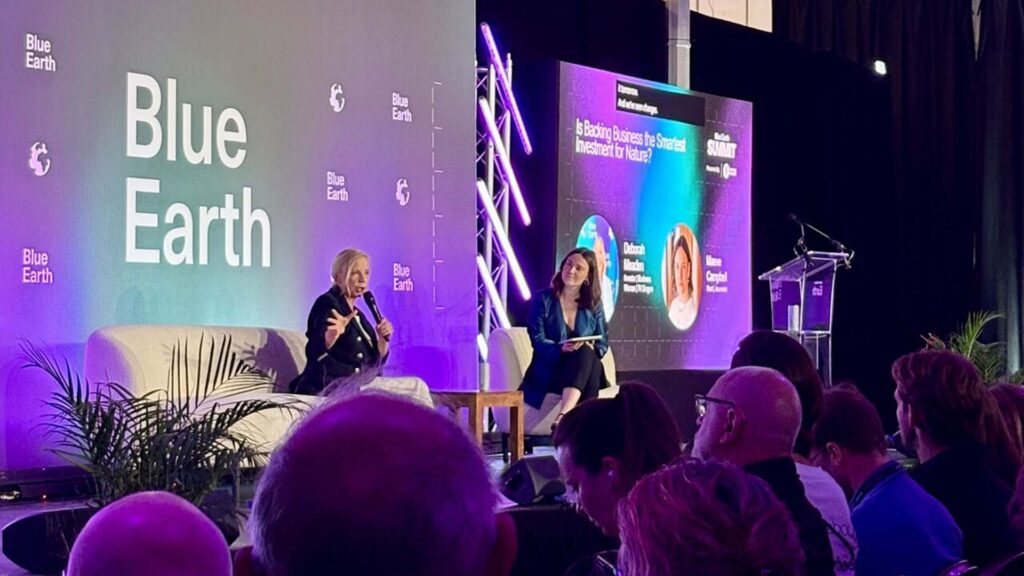 Deborah Meaden speaking with Maeve Campbell on stage at Blue Earth Summit 2025