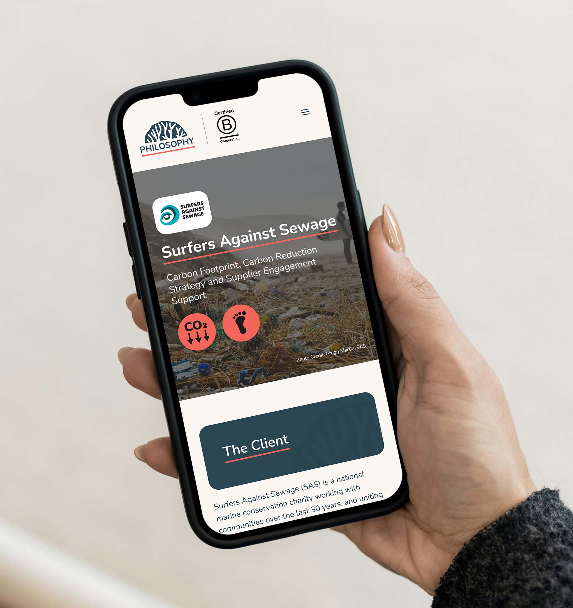Mockup of Philosophy Website on phone - Sustainable web design for B Corp