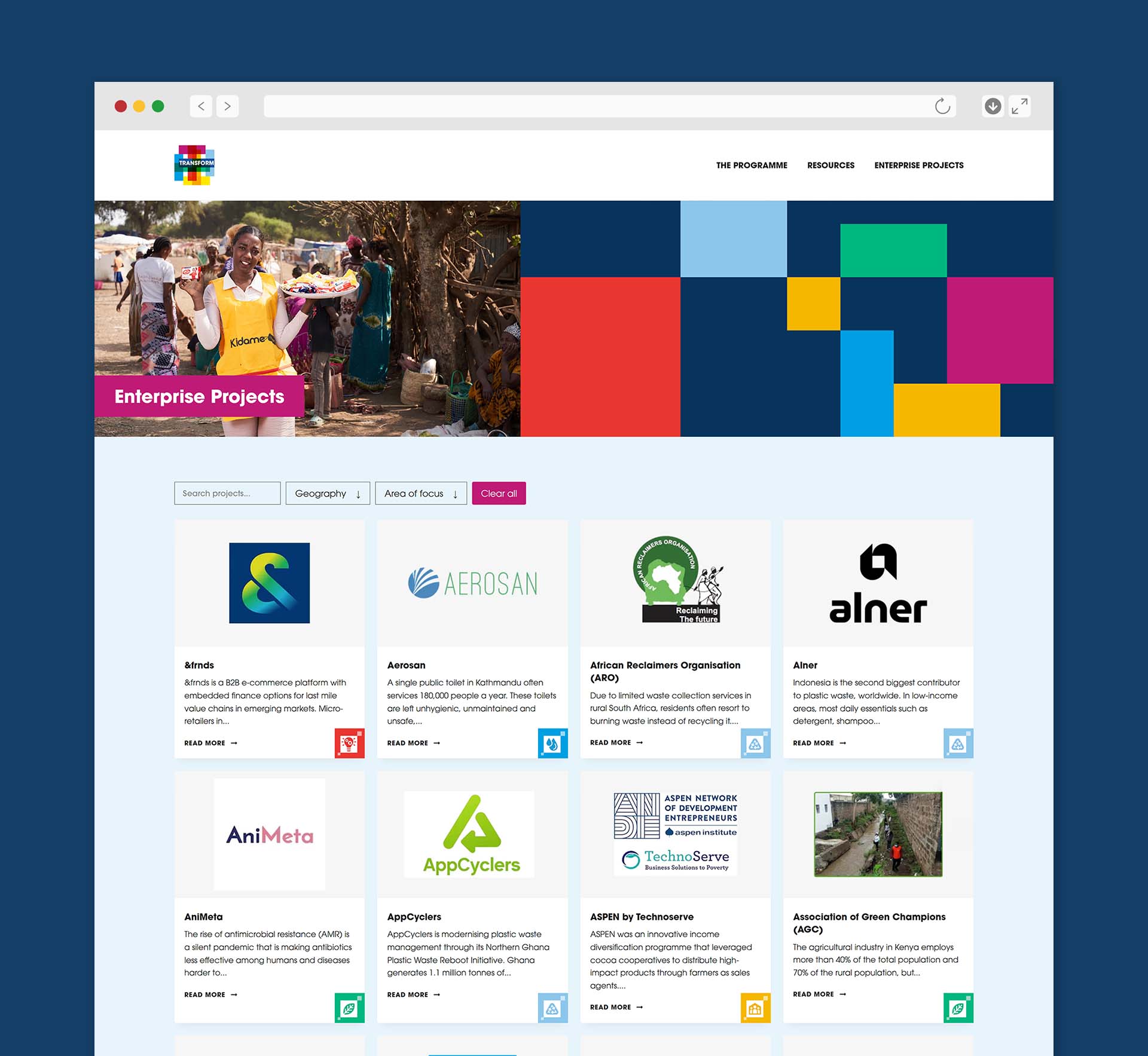 Mockup of TRANSFORM projects archive